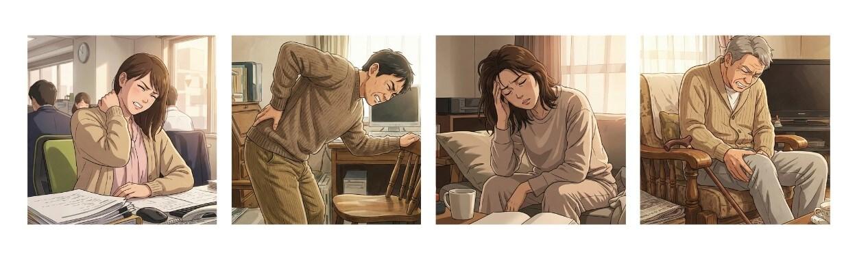 肩こり、腰痛、頭痛、膝痛で悩んでいる人達